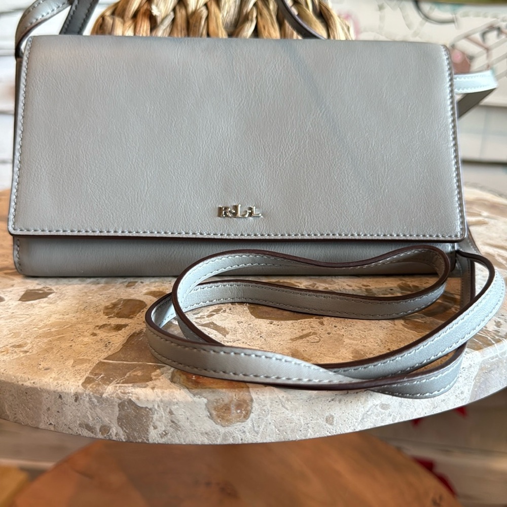 Ralph Lauren gray leather Crossbody purse/wallet w/ an approximate 30 inch strap